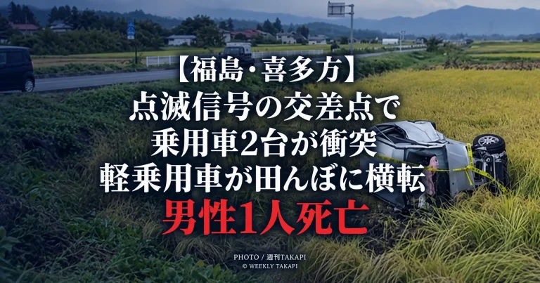 福島県喜多方市の点滅信号の交差点で普通乗用車と軽乗用車が衝突し、軽乗用車が田んぼに横転して男性運転手が死亡した事故を伝える報道画像