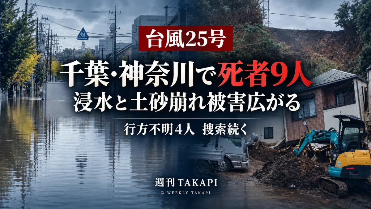 台風25号による千葉県と神奈川県の豪雨災害で死者9人、行方不明4人となった被害状況を伝える報道画像
