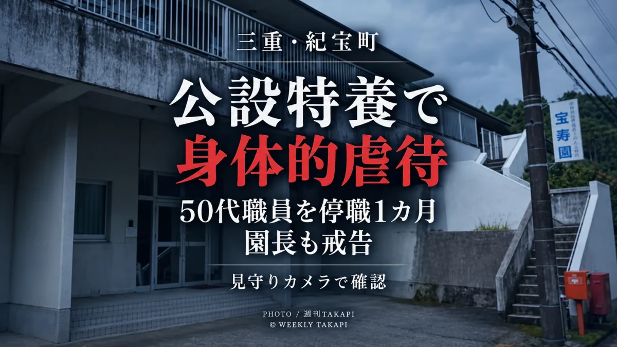 三重県紀宝町の公設特養「宝寿園」で入所者への身体的虐待が認定され、50代女性職員が停職1カ月となった問題を伝える週刊TAKAPIの報道アイキャッチ