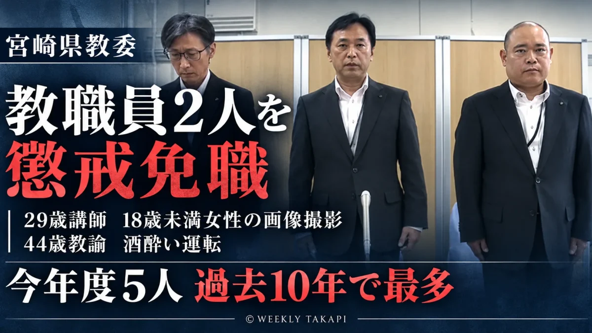 宮崎県教育委員会が29歳男性講師と44歳女性教諭の教職員2人を懲戒免職とし、2026年度の懲戒免職が5人で過去10年最多となったことを伝える週刊TAKAPIの報道アイキャッチ