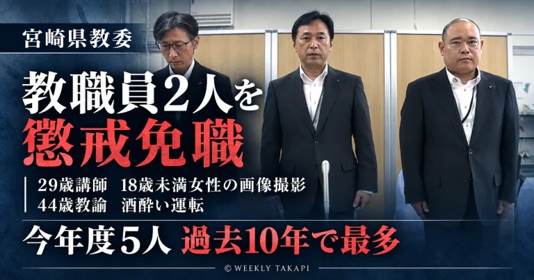 宮崎県教育委員会が29歳男性講師と44歳女性教諭の教職員2人を懲戒免職とし、2026年度の懲戒免職が5人で過去10年最多となったことを伝える週刊TAKAPIの報道アイキャッチ