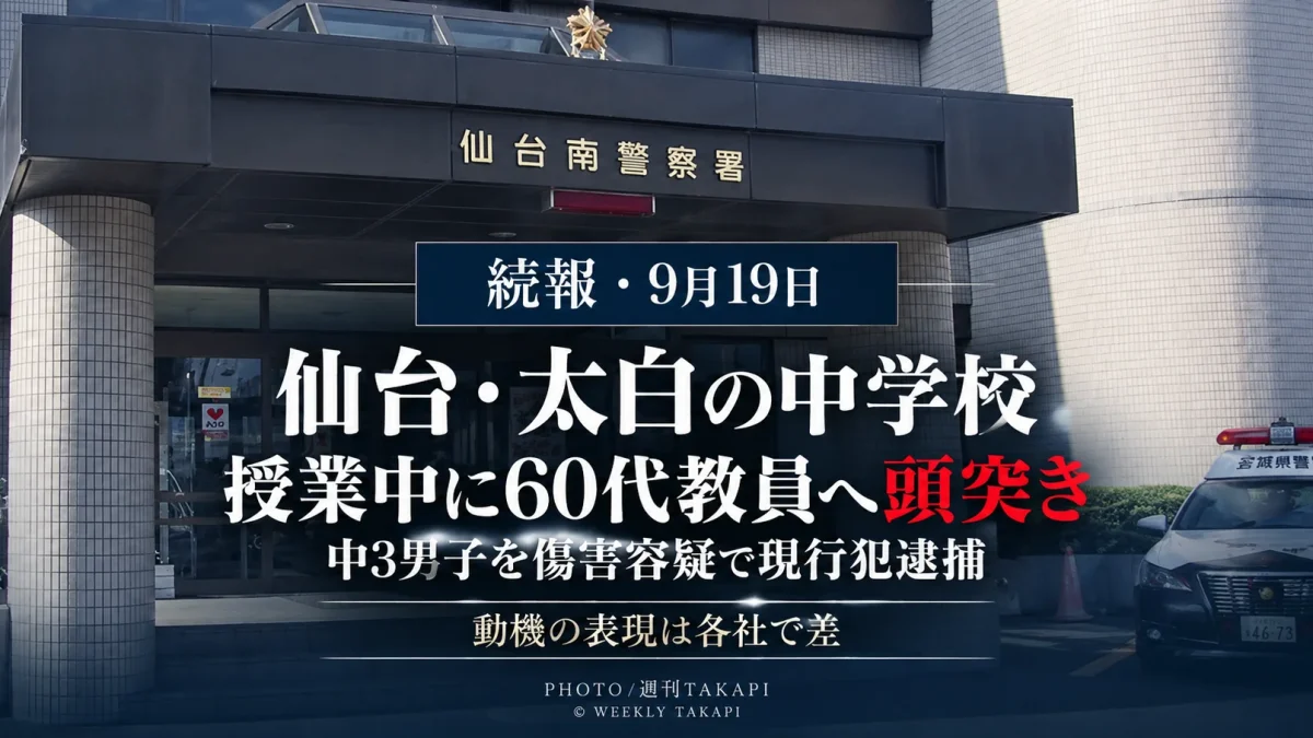 仙台市太白区の中学校で15歳の中3男子が60代男性教員へ頭突きをするなどし傷害容疑で現行犯逮捕された事件を伝える報道イメージ