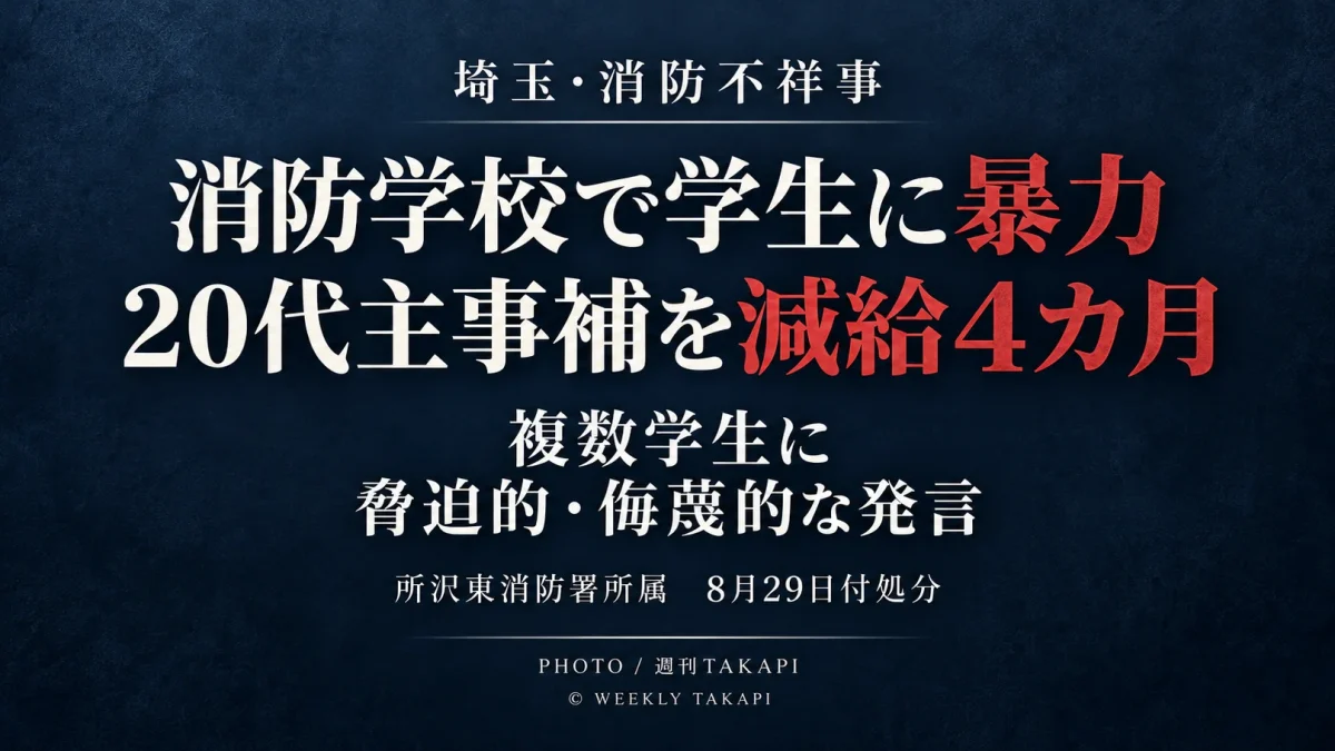 埼玉県消防学校で他の学生への暴力と脅迫的・侮蔑的な発言があったとして所沢東消防署の20代男性主事補が減給4カ月の懲戒処分を受けたことを伝える週刊TAKAPIのアイキャッチ