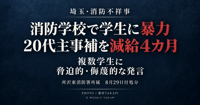 埼玉県消防学校で他の学生への暴力と脅迫的・侮蔑的な発言があったとして所沢東消防署の20代男性主事補が減給4カ月の懲戒処分を受けたことを伝える週刊TAKAPIのアイキャッチ