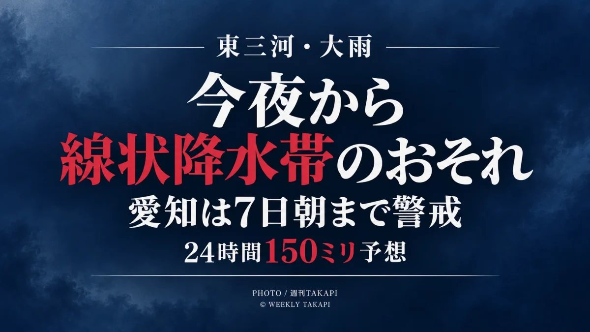 東三河を含む愛知県で9月6日夜から7日朝にかけて線状降水帯発生の可能性があり24時間150ミリの雨が予想されていることを伝える防災アイキャッチ