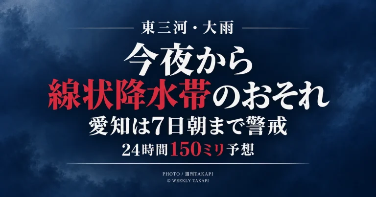 東三河を含む愛知県で9月6日夜から7日朝にかけて線状降水帯発生の可能性があり24時間150ミリの雨が予想されていることを伝える防災アイキャッチ