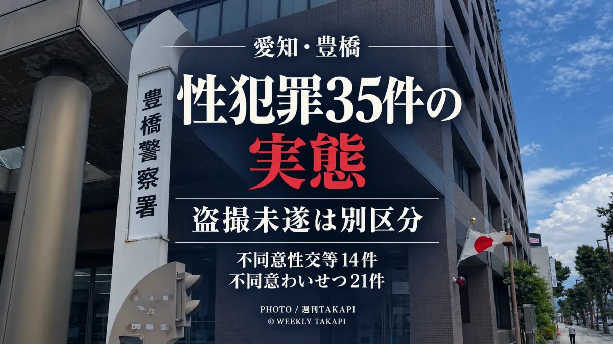 豊橋警察署の2026年1～8月の不同意性交等14件、不同意わいせつ21件の計35件と、盗撮などが別の法令・統計区分で扱われることを検証する週刊TAKAPIの報道コラムアイキャッチ