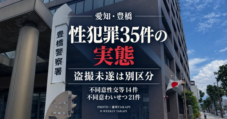 豊橋警察署の2026年1～8月の不同意性交等14件、不同意わいせつ21件の計35件と、盗撮などが別の法令・統計区分で扱われることを検証する週刊TAKAPIの報道コラムアイキャッチ