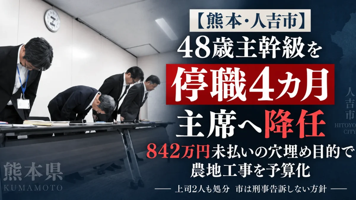 熊本県人吉市が842万円の工事代金未払いを巡る不適正な事務処理などで48歳主幹級職員を停職4カ月とし主席へ降任した事案