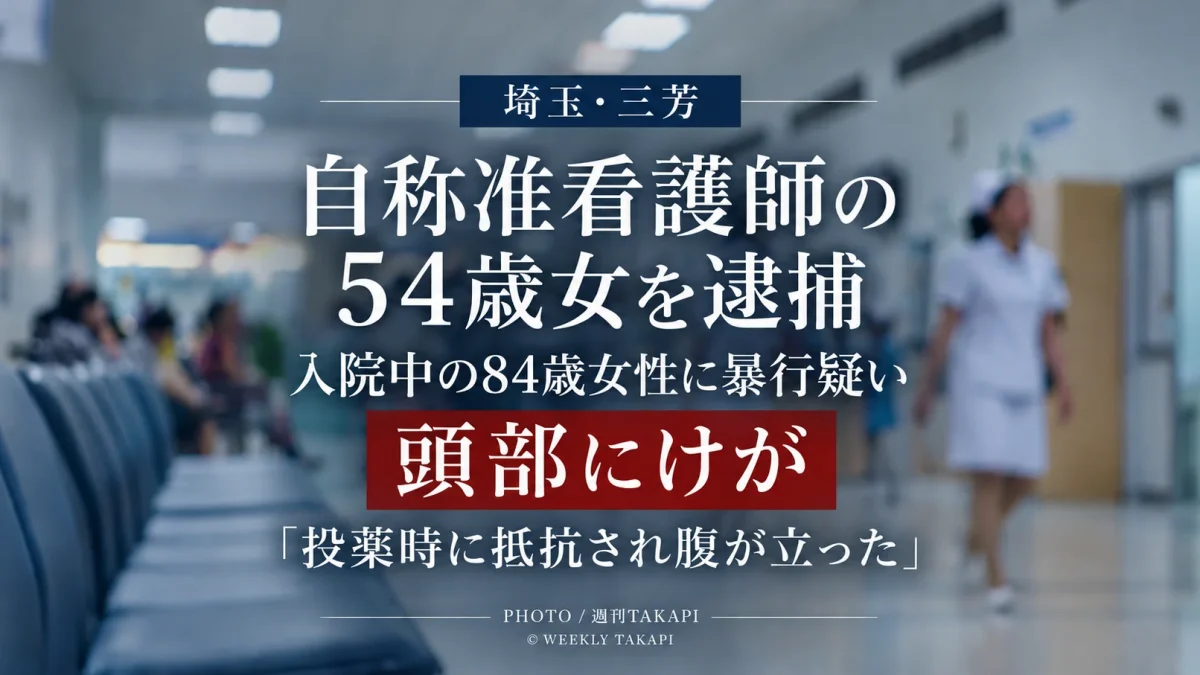 埼玉県三芳町の病院で84歳女性患者に暴行を加えた疑いで自称准看護師の54歳女が逮捕されたニュース画像