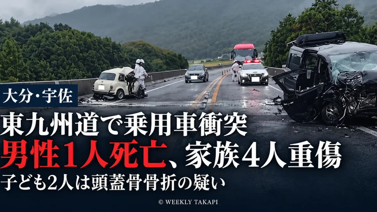 大分県宇佐市の東九州自動車道・宇佐IC〜中津IC間の対面通行区間で乗用車同士が衝突し、男性1人が死亡、家族4人が重傷を負った事故を伝える週刊TAKAPIの報道アイキャッチ