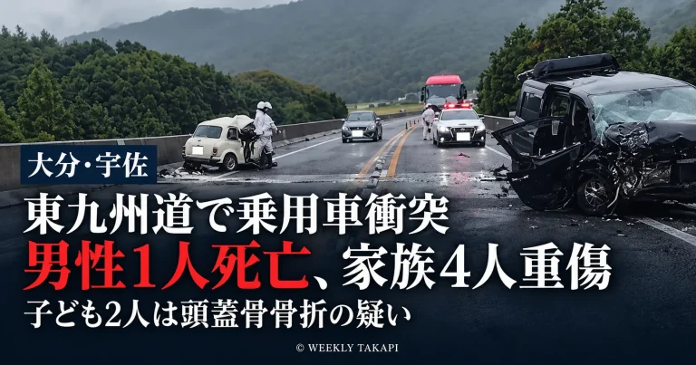 大分県宇佐市の東九州自動車道・宇佐IC〜中津IC間の対面通行区間で乗用車同士が衝突し、男性1人が死亡、家族4人が重傷を負った事故を伝える週刊TAKAPIの報道アイキャッチ
