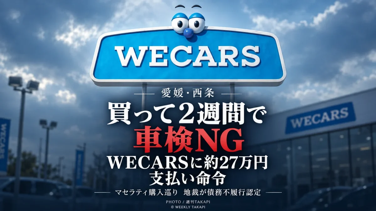 愛媛県西条市のWECARSで購入した中古マセラティが納車約2週間後に車検不適合と判明し、地裁が約27万円の支払いを命じた裁判を伝える週刊TAKAPIのアイキャッチ