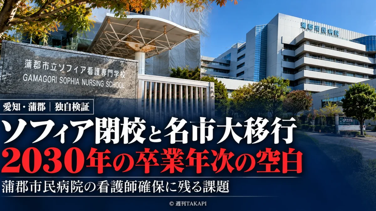 蒲郡市立ソフィア看護専門学校と蒲郡市民病院の外観。2029年のソフィア閉校と2031年の名市大蒲郡校第1期生卒業に伴う、2030年の看護師養成課程の卒業年次の谷間を検証する報道アイキャッチ。