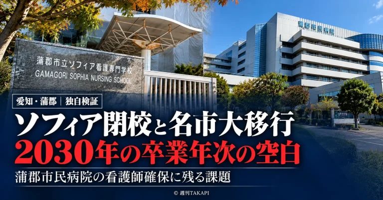 蒲郡市立ソフィア看護専門学校と蒲郡市民病院の外観。2029年のソフィア閉校と2031年の名市大蒲郡校第1期生卒業に伴う、2030年の看護師養成課程の卒業年次の谷間を検証する報道アイキャッチ。