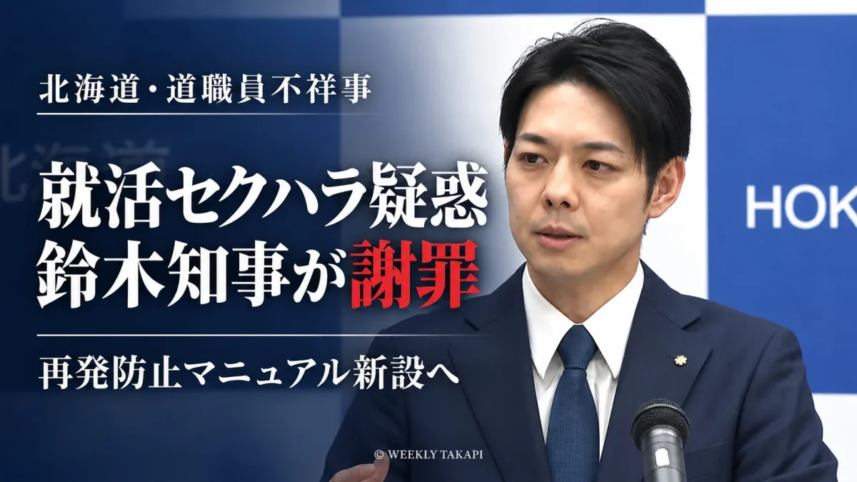 鈴木直道北海道知事の記者会見写真。道職員がインターン参加の女子学生に私的なLINEを繰り返した問題で知事が謝罪