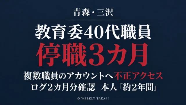 三沢市教育委員会事務局の40代男性職員が複数職員のアカウントへ不正アクセスしメールや庁内回覧を閲覧したとして停職3カ月となった事案を伝える週刊TAKAPIの報道アイキャッチ