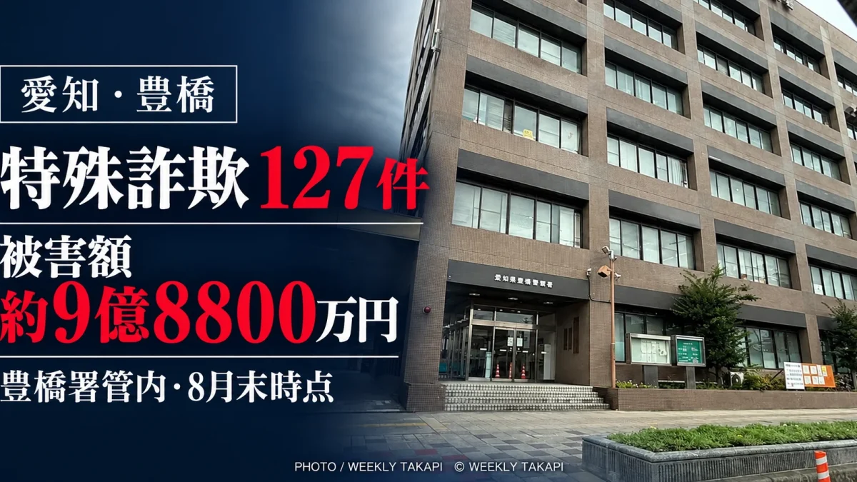 豊橋警察署管内で2026年1月から8月末までに特殊詐欺127件、被害額約9億8800万円が確認されたことを伝えるアイキャッチ