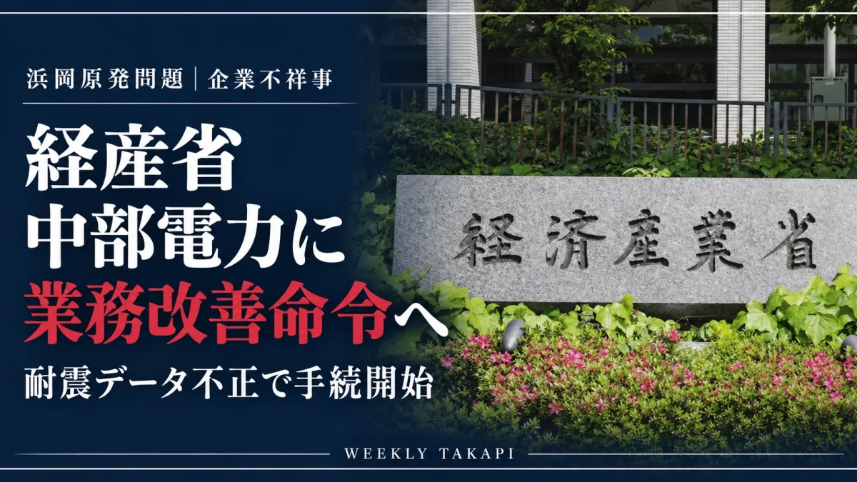 浜岡原発の耐震データ不正を受け、経済産業省が中部電力への業務改善命令に向けた手続きを開始。経済産業省の石碑を使用した週刊TAKAPIの報道アイキャッチ