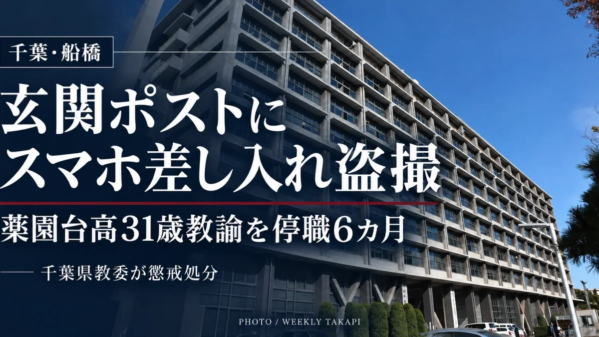 千葉県立薬園台高校の31歳男性教諭が、近隣住民宅の玄関ポストにスマートフォンを差し入れて盗撮したとして停職6カ月となった問題を伝える週刊TAKAPIの報道アイキャッチ