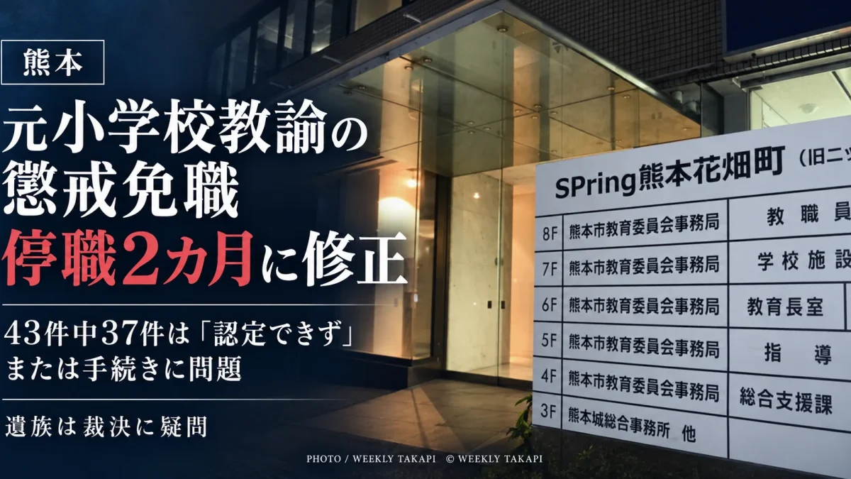 熊本市人事委員会が元小学校教諭の懲戒免職を停職2カ月に修正した問題を伝える週刊TAKAPIのアイキャッチ。背景は熊本市教育委員会が入るSPRiNG熊本花畑町