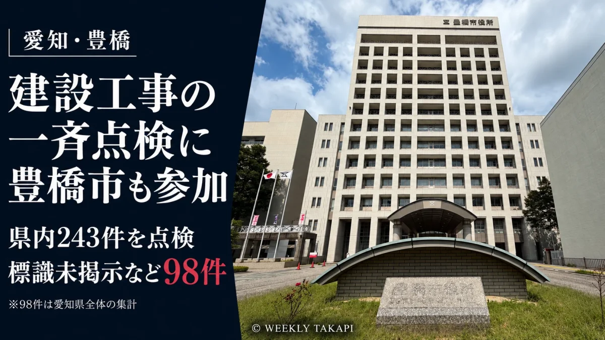 愛知県が建設リサイクル法に基づき243件を点検し、標識未掲示など98件を確認した一斉パトロールの報道アイキャッチ