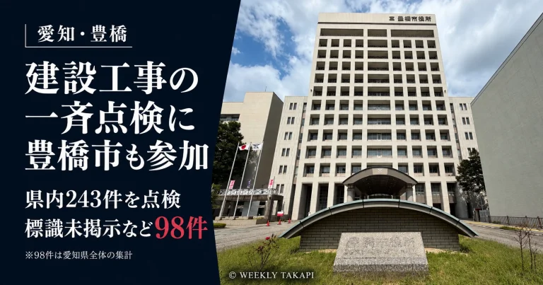 愛知県が建設リサイクル法に基づき243件を点検し、標識未掲示など98件を確認した一斉パトロールの報道アイキャッチ