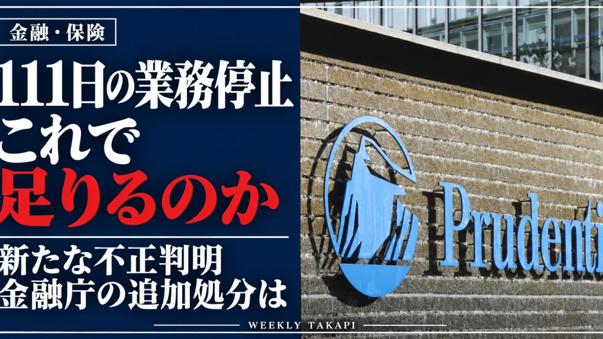 プルデンシャル生命のロゴを背景に、111日間の業務停止と新たな不正判明を受けた金融庁の追加処分の可能性を検証する週刊TAKAPIのアイキャッチ画像