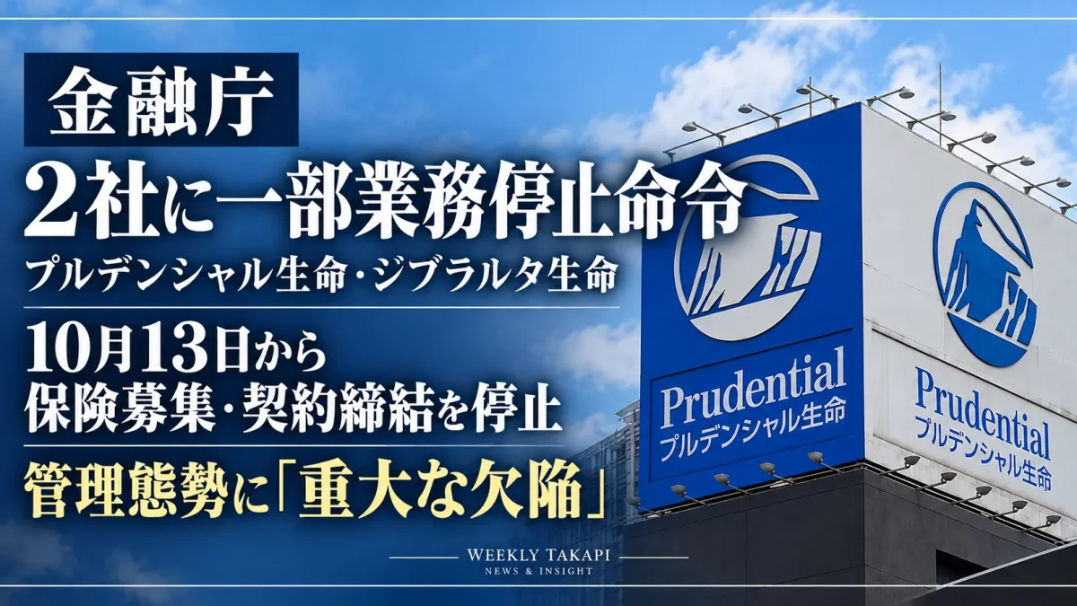 金融庁がプルデンシャル生命保険とジブラルタ生命保険に一部業務停止命令を出し、2026年10月13日から保険募集・契約締結の停止を命じた問題を伝える週刊TAKAPIの報道アイキャッチ