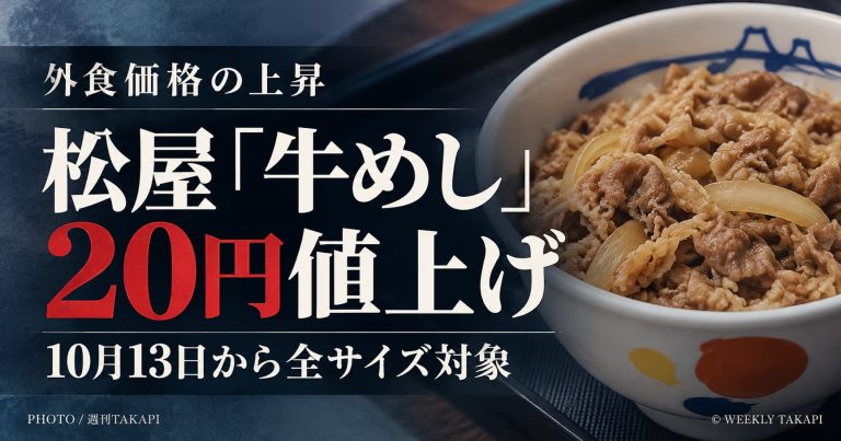 松屋が2026年10月13日から牛めし全サイズを一律20円値上げ