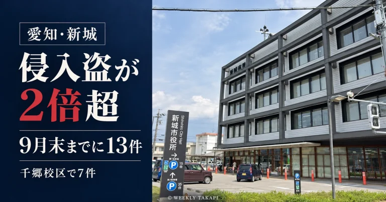 愛知県新城市の侵入盗が2026年9月末までに13件となり、前年同期の2倍超に増加。千郷校区で7件確認されたことを伝える新城市役所の庁舎を背景とした報道画像
