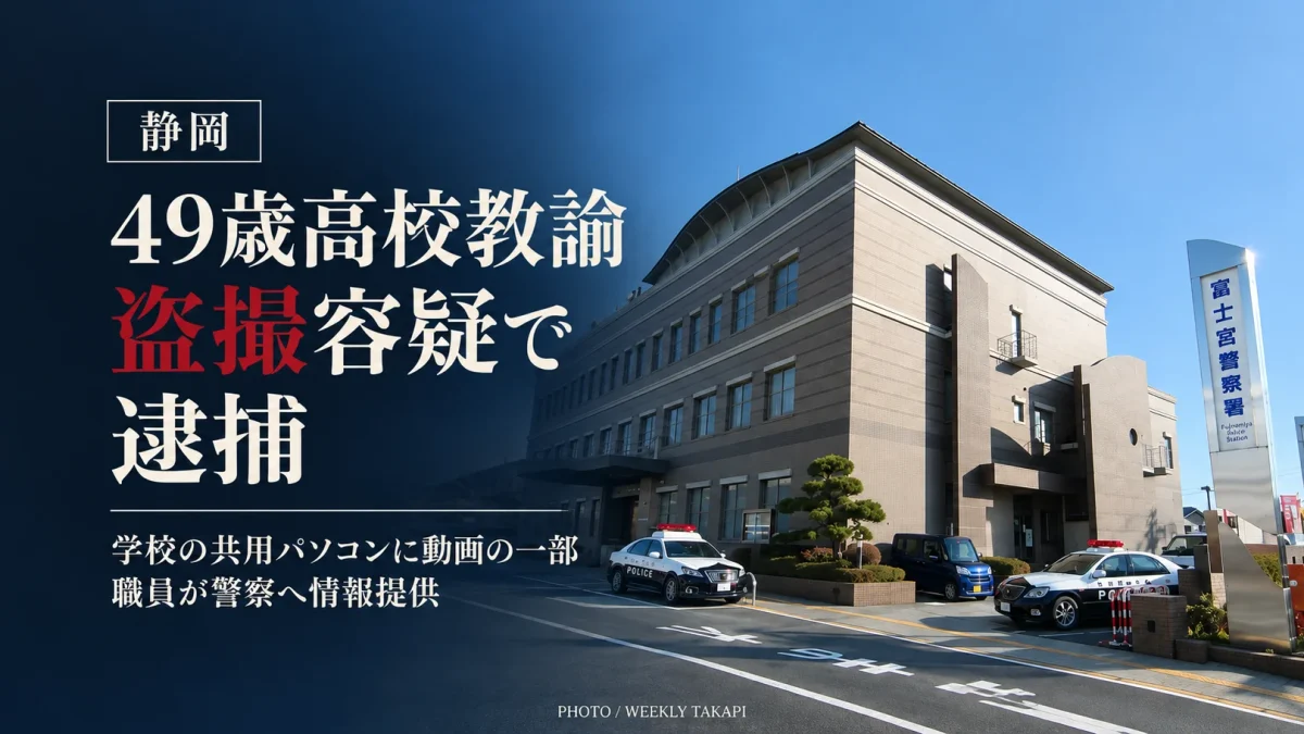 静岡県立高校の49歳教諭が盗撮容疑で逮捕された事件を伝える報道画像。背景は静岡県警富士宮警察署