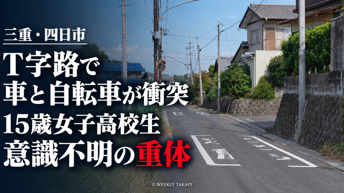 三重県四日市市八千代台の信号のないT字路で乗用車と自転車が衝突し、15歳の女子高校生が意識不明の重体となった事故を伝える報道アイキャッチ