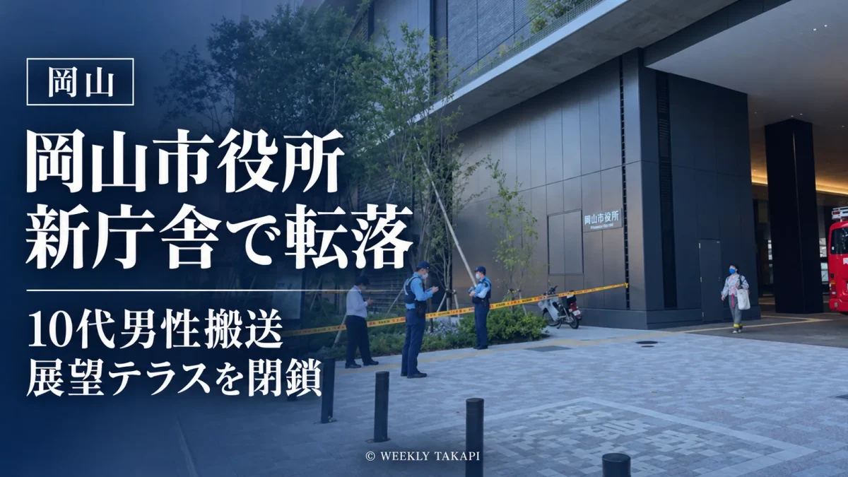 岡山市役所新庁舎15階展望テラスから10代男性が転落し、展望テラスが当面閉鎖されたことを伝える報道用アイキャッチ画像