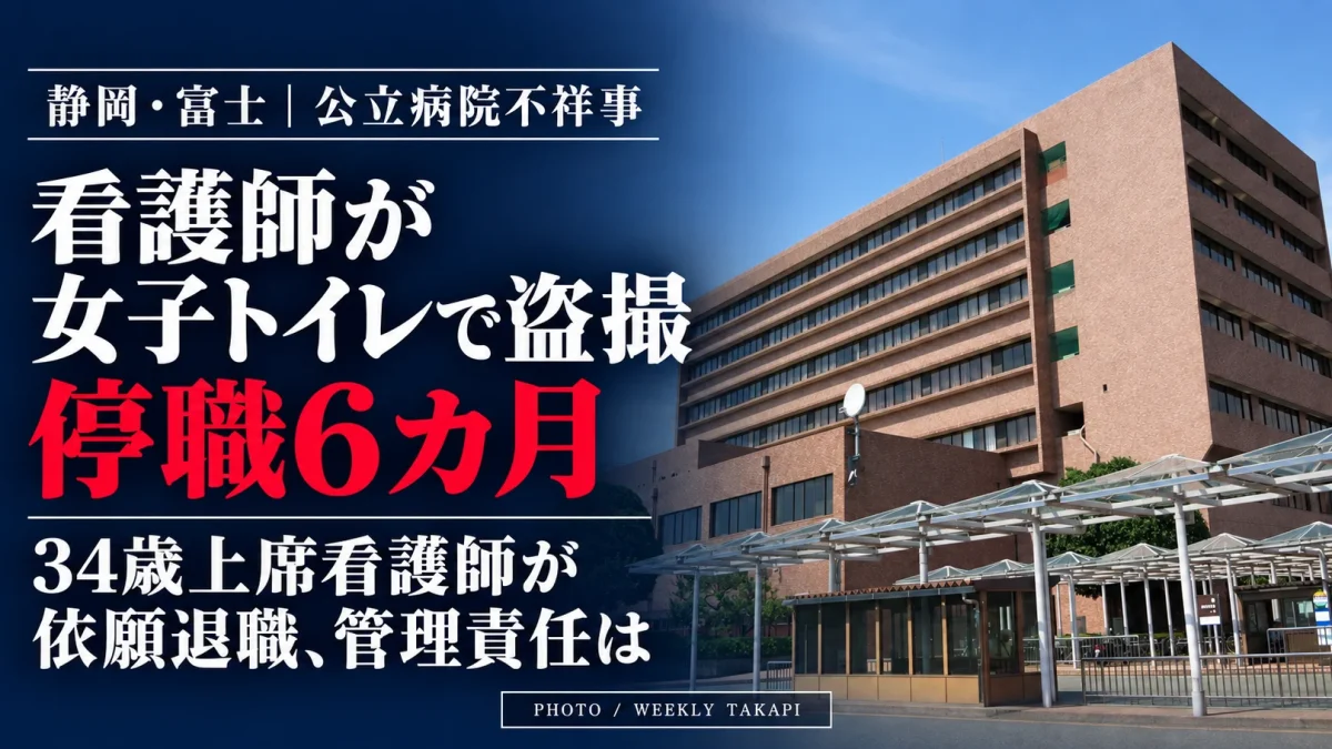 静岡県富士市立中央病院の外観。34歳の男性上席看護師が院内女子トイレで盗撮し、停職6カ月の懲戒処分を受け依願退職した問題の報道アイキャッチ
