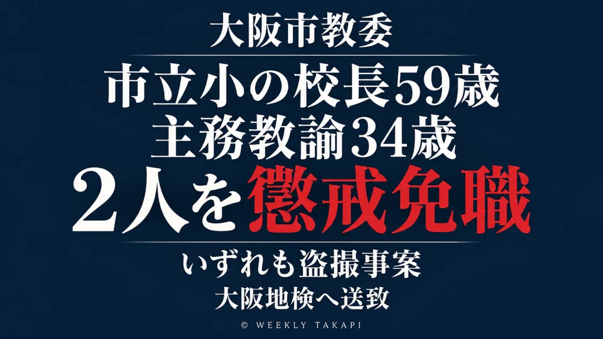 大阪市教育委員会が別々の市立小学校に勤務する59歳男性校長と34歳男性主務教諭を盗撮事案で懲戒免職としたことを伝える週刊TAKAPIの報道アイキャッチ