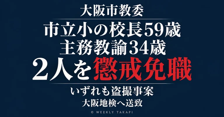 大阪市教育委員会が別々の市立小学校に勤務する59歳男性校長と34歳男性主務教諭を盗撮事案で懲戒免職としたことを伝える週刊TAKAPIの報道アイキャッチ