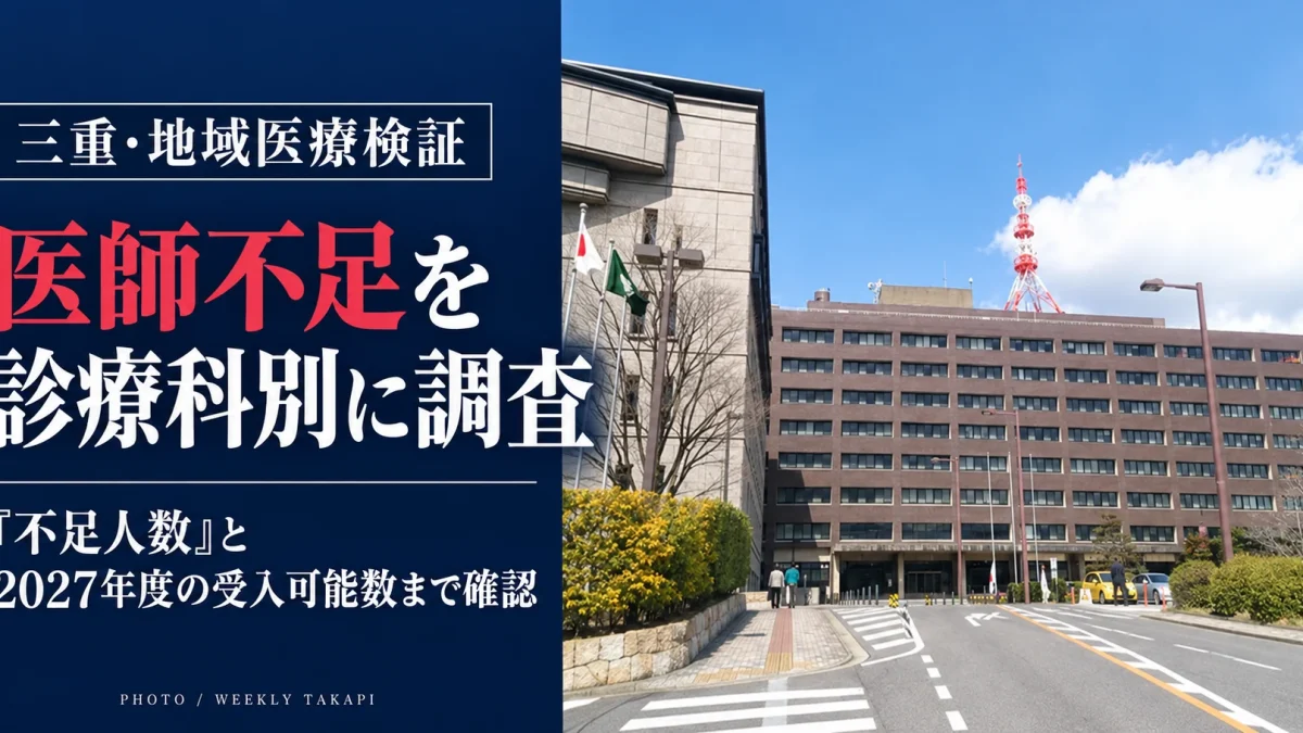 三重県の地域医療検証。診療科別の医師不足人数と2027年度の受入可能数を確認する調査を伝える週刊TAKAPIの報道画像