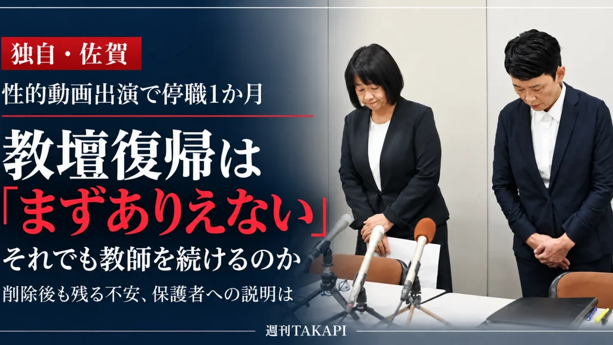 佐賀県の40代男性教諭が性的動画への出演で停職1か月の懲戒処分を受けた問題。佐賀県教育委員会が週刊TAKAPIの独自取材に対し、教壇復帰は「まずありえない」と説明したことを伝える報道画像。