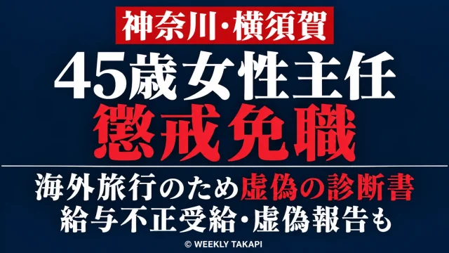 横須賀市の45歳女性主任が海外旅行を目的に虚偽の診断書を用いて病気休暇を不正取得し給与を不正受給したとして懲戒免職となった事案を伝える週刊TAKAPIの報道アイキャッチ
