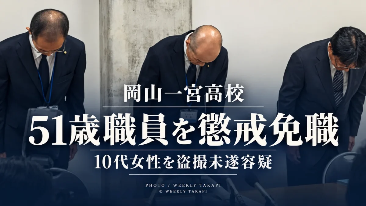 岡山県立岡山一宮高校の51歳男性総括副参事が広島市内で10代女性を盗撮しようとした疑いで逮捕され懲戒免職となった問題