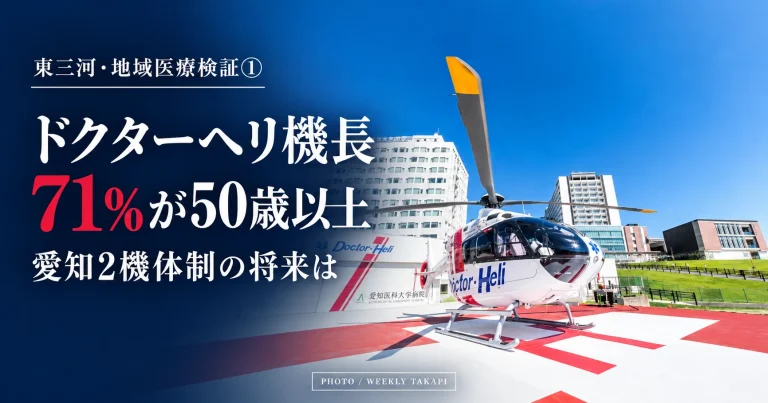 愛知医科大学病院のドクターヘリと、全国の機長71％が50歳以上という高齢化問題を伝える報道アイキャッチ