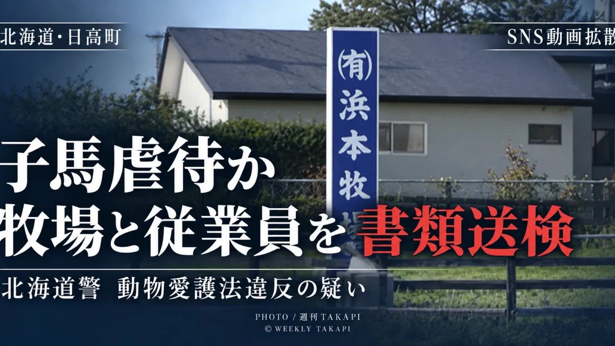 北海道日高町の浜本牧場と40代男性従業員が子馬虐待の疑いで書類送検された事件を伝えるニュース画像