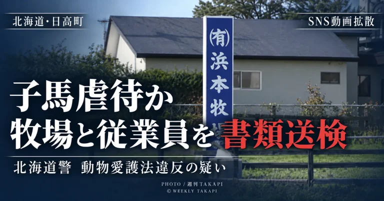 北海道日高町の浜本牧場と40代男性従業員が子馬虐待の疑いで書類送検された事件を伝えるニュース画像