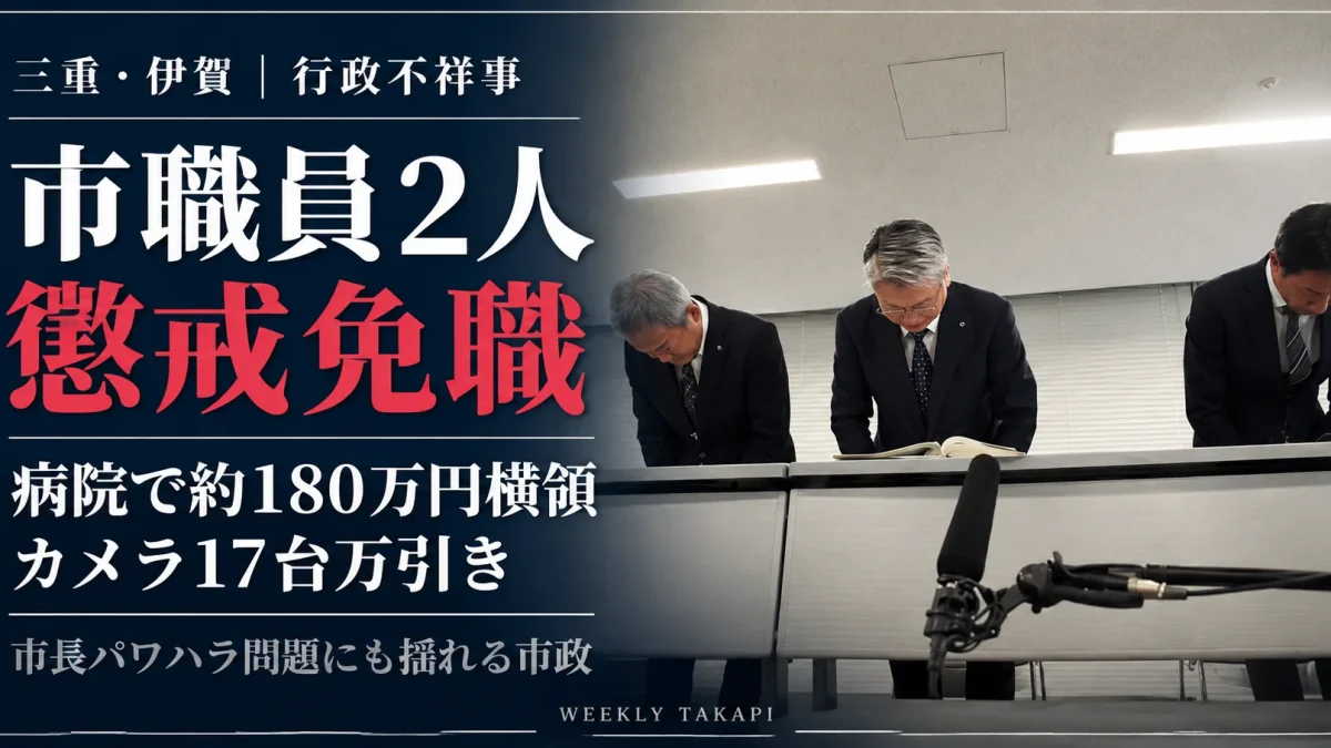 三重県伊賀市が職員2人を懲戒免職。市立病院で約180万円の横領とカメラ17台の万引きが発覚し、市幹部3人が会見で頭を下げる様子を伝える週刊TAKAPIの報道アイキャッチ