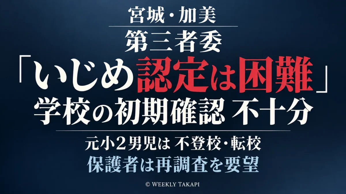 宮城県加美町で当時小学2年生だった男子児童へのいじめをめぐり、第三者委員会が学校側の初期確認不十分を理由にいじめ認定は困難と報告し、保護者が再調査を求めている問題を伝える週刊TAKAPIの報道アイキャッチ