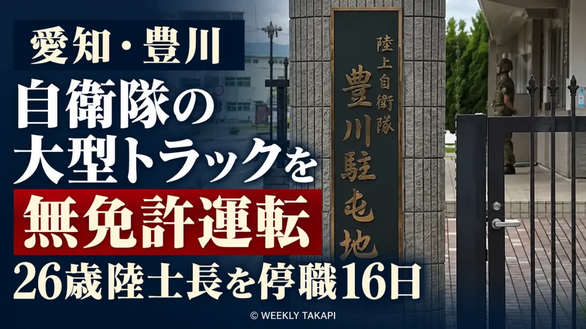 陸上自衛隊豊川駐屯地の26歳陸士長が免許失効中に大型トラックを運転し、停職16日の懲戒処分を受けた事件を伝える報道画像