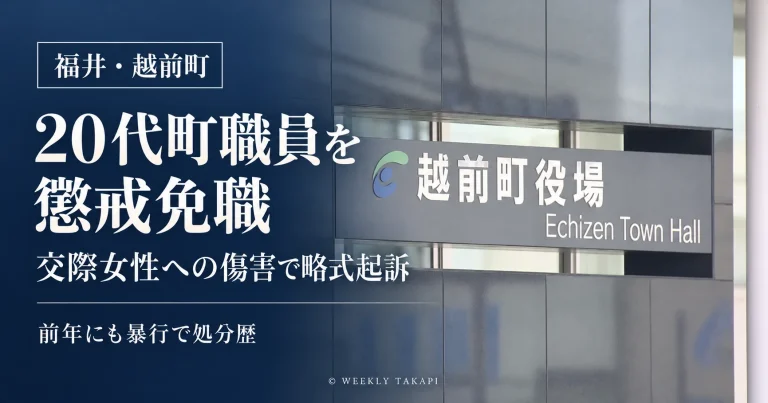 福井県越前町が交際女性への傷害事件で略式起訴された農林水産課の20代男性職員を懲戒免職としたことを伝える報道グラフィック。前年の暴行による懲戒処分歴も表示。