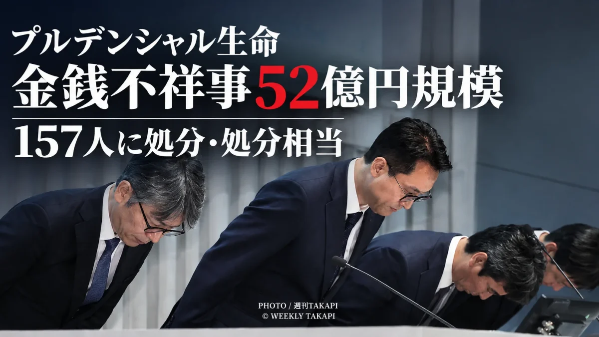 プルデンシャル生命の金銭不祥事を巡る会見で関係者が頭を下げる様子