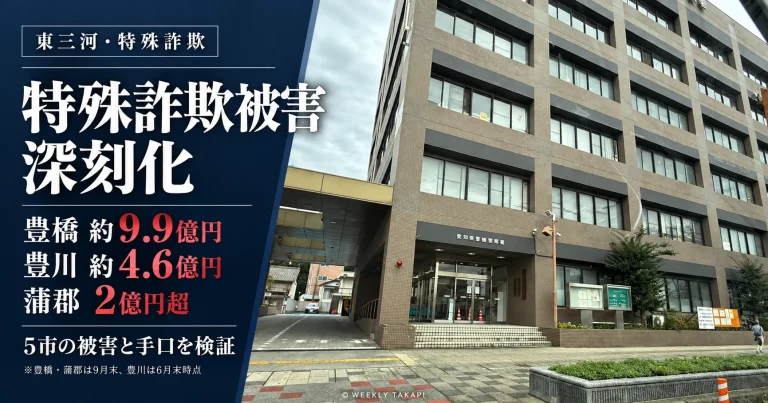 東三河5市の特殊詐欺被害を検証。豊橋市約9.9億円、豊川市約4.6億円、蒲郡市2億円超の被害額と豊橋警察署の庁舎を示した週刊TAKAPIの報道画像